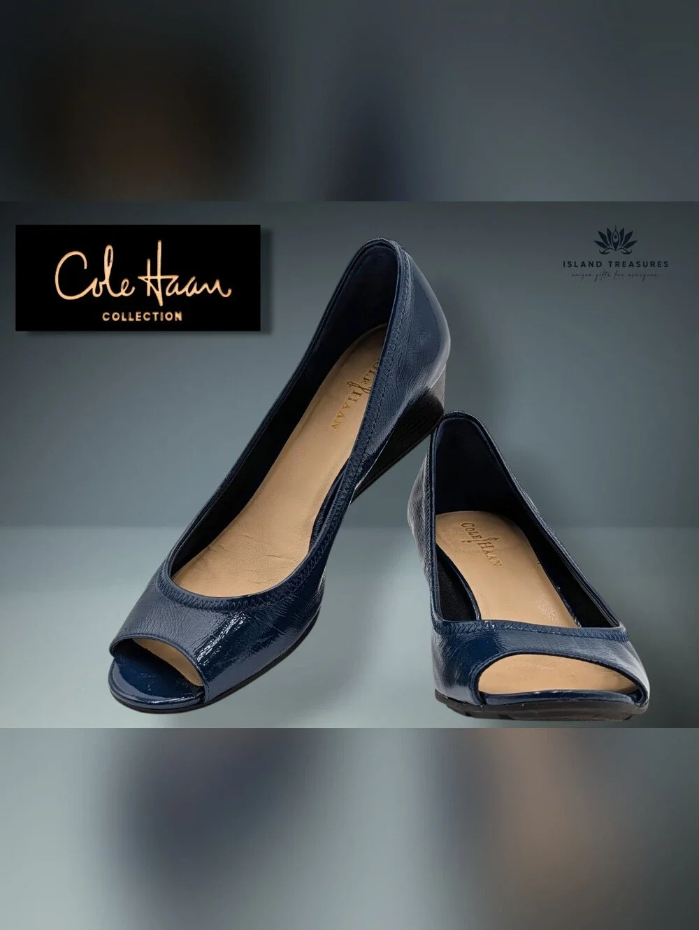 Cole Haan Size 6–6.5 Air Tali Patent Peep Toe Wedge Navy Blue Nike Air Comfort
